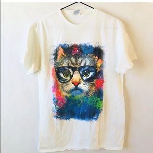 White Nerdy Cat Wearing Glasses T-Shirt Sz S